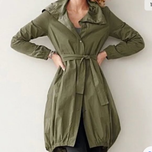 Eileen Fisher Bubble Hem Funnel Neck Belted Trench Coat Jacket Olive Size XS - Picture 3 of 13